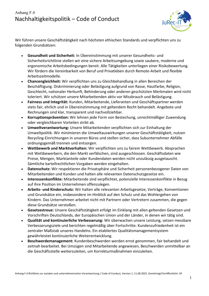 Nachhaltigkeitspolitik – Code of Conduct